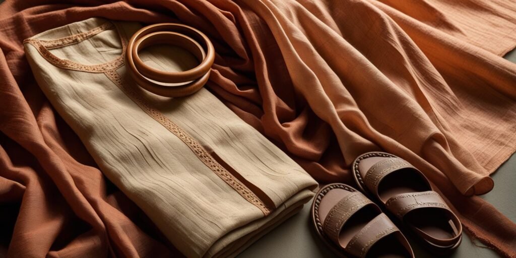 Close-up of terracotta and beige khadi fabric with khadi kurta, wooden
bangles, and Kolhapuri sandals for a rustic slow fashion look.