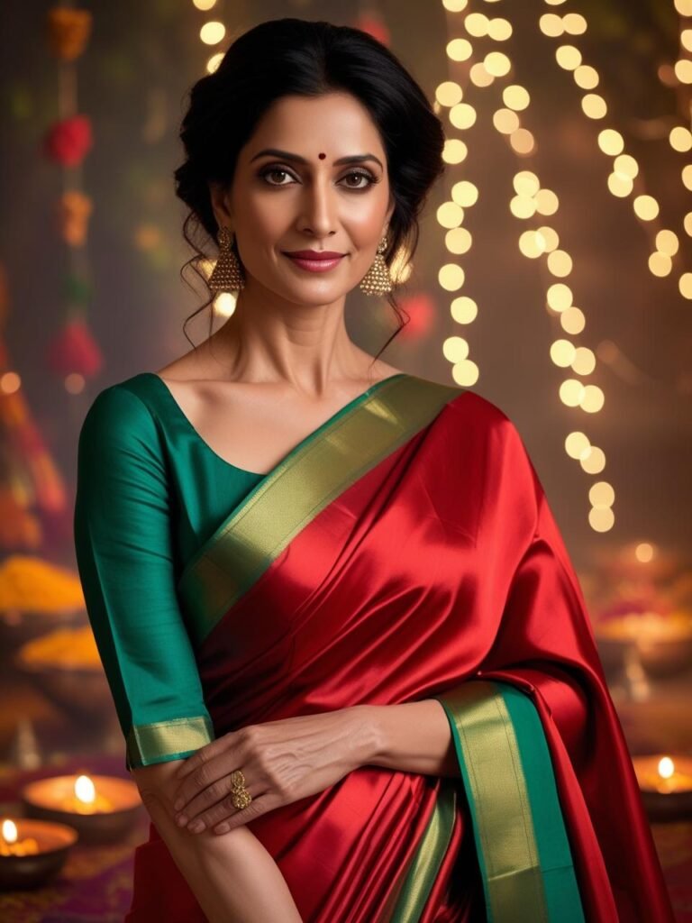 Stylish Indian woman in her 50s wearing a red or green silk saree
with modern blouse, in a festive setting with diyas and string lights.