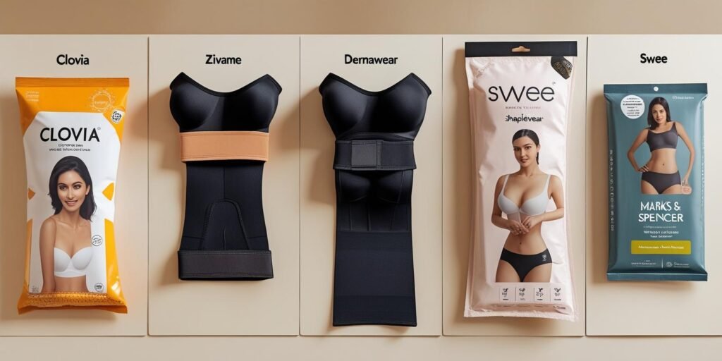Flat lay comparison grid of Clovia Zivame Dermawear Swee
Marks and Spencer shapewear with packaging