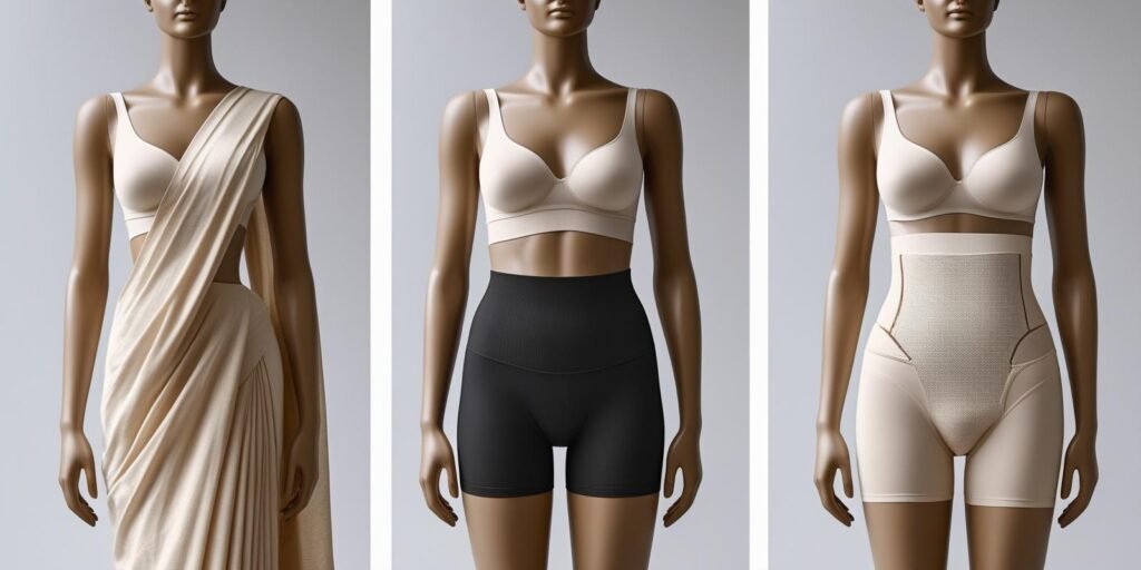 Three-panel comparison of saree petticoat shapewear tummy
control shorts and full-body shapewear in nude and black